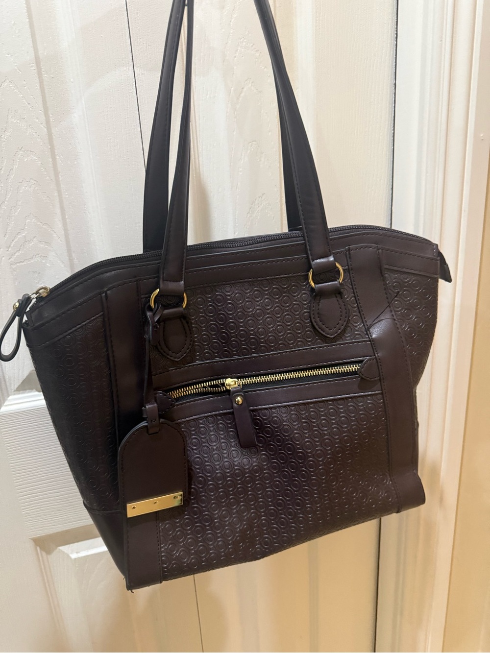 Women's Dark Brown/purple Tote Bag with Front Zip Pocket
